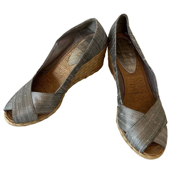 Lauren Ralph Lauren Silver Silk Crisscross Peep Toe Espadrille Cecilia Wedges 8 - Picture 1 of 6